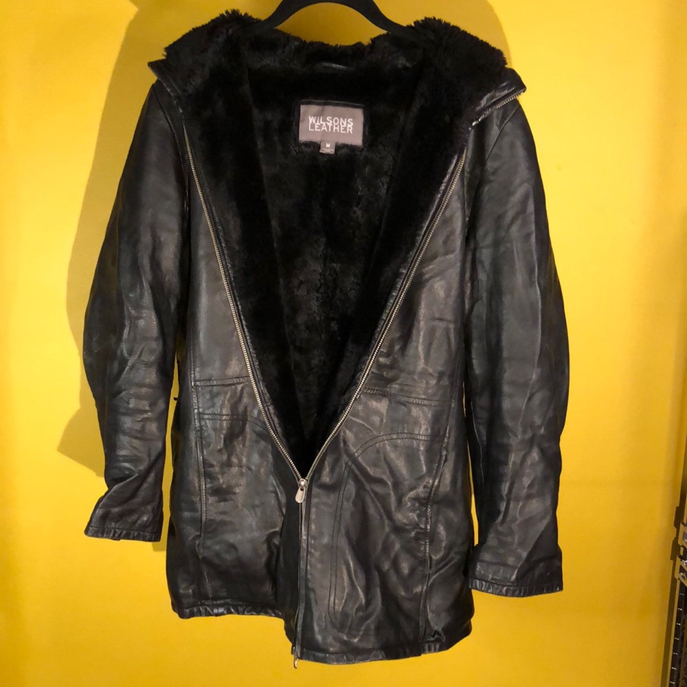 Long Leather fur lined jacket - small tear below left pocket
